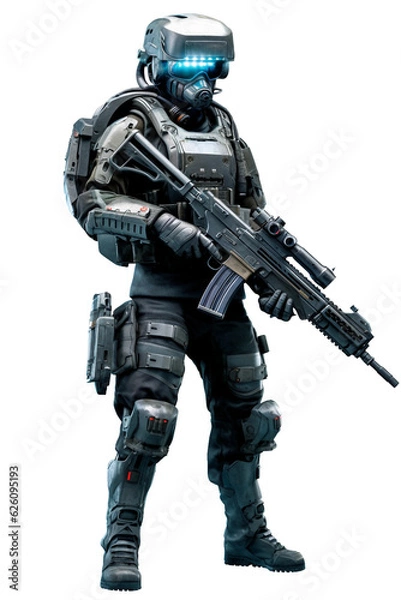 Fototapeta Future soldier with high-tech helmet. isolated object, transparent background