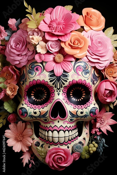 Fototapeta Illustration of a skull or human cranium with colorful flower decorations on a black background