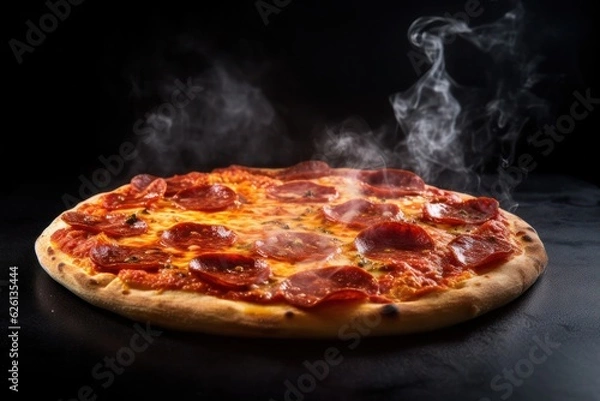 Obraz pepperoni pizza with smoke coming out of it on a black background, created by Generative AI