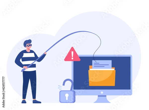 Fototapeta Hacking, phishing, scam and error, protection, cyber crime, internet security, system technology, flat design illustration vector banner and background