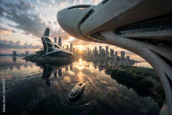 Fototapeta cityscape design illustration. Ai generates the image. architecture landscape city. background tower futuristic. urban skyline environment. sunset horizon. lake river town. metropolis downtown art