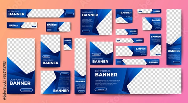 Fototapeta Modern banner design web template Set, Horizontal header web banner. blue cover header background for website design, Social Media Cover ads banner, flyer, invitation card	