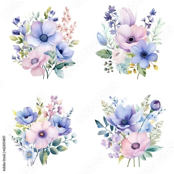Fototapeta A set of blue-pink watercolor bouquets on a white background. Generative AI