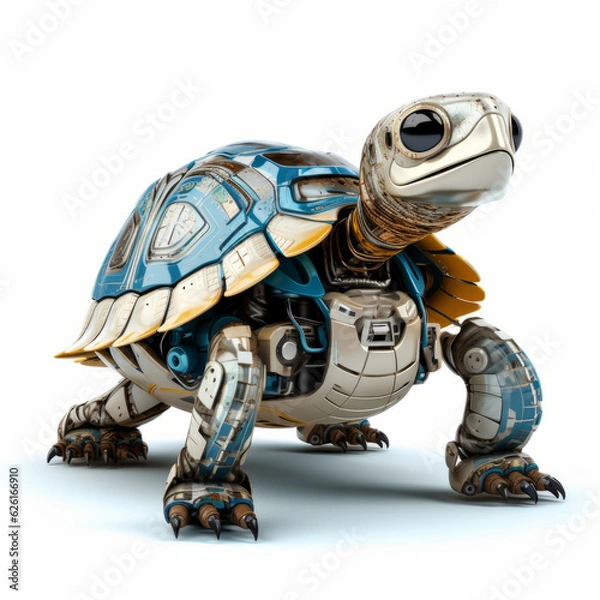 Fototapeta Cute turtle robot, robotic reptile isolated over white background. AI Generated
