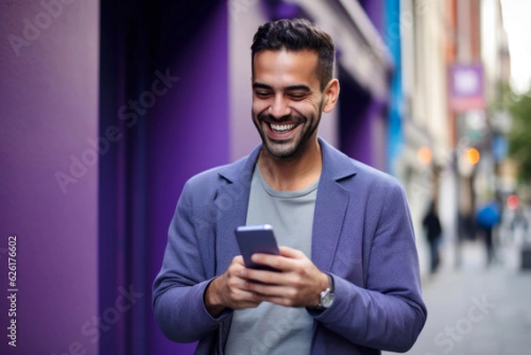 Fototapeta man with phone on purple background. AI Generated