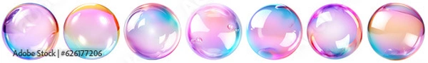 Fototapeta Set of realistic transparent colorful soap bubbles with rainbow reflection isolated on transparent background