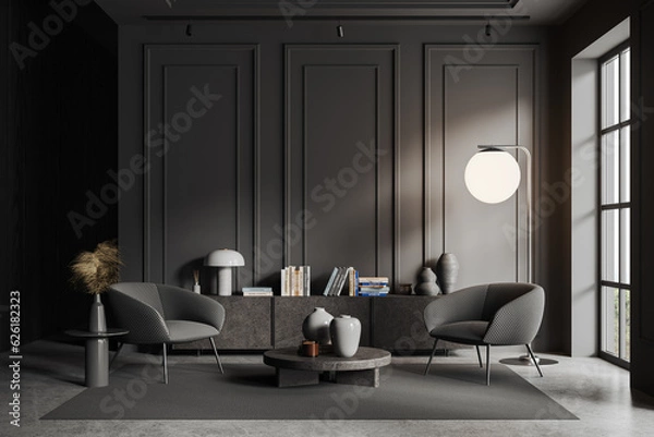 Fototapeta Gray living room interior with armchairs and dresser