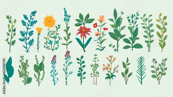 Fototapeta A collection of simple illustrations of various herbs and plants.