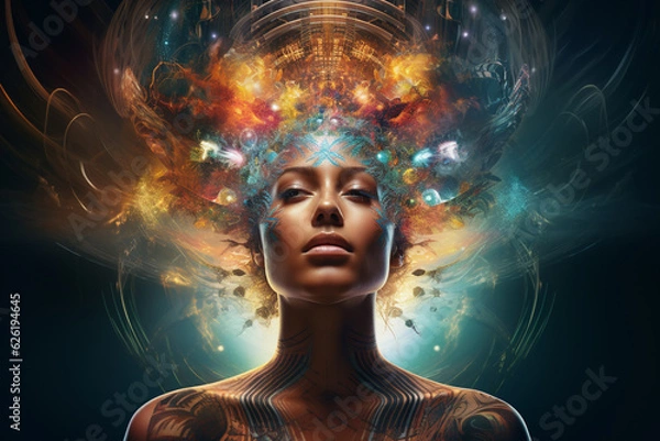 Fototapeta Woman enveloped by an expansive universe of thoughts, memories, and mental programs that emerge from her subconscious mind. Ai generated