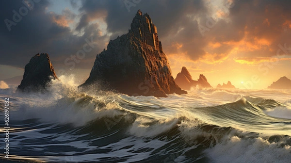 Fototapeta A series of tall sea stacks under a stormy sky, enduring the onslaught of furious waves.