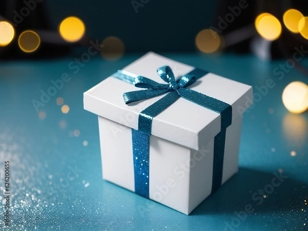 Fototapeta A beautiful Christmas gift box on a blue background, warming light with beautiful glitter and bokeh, blurry background, Christmas and New Year concept. Generative AI.