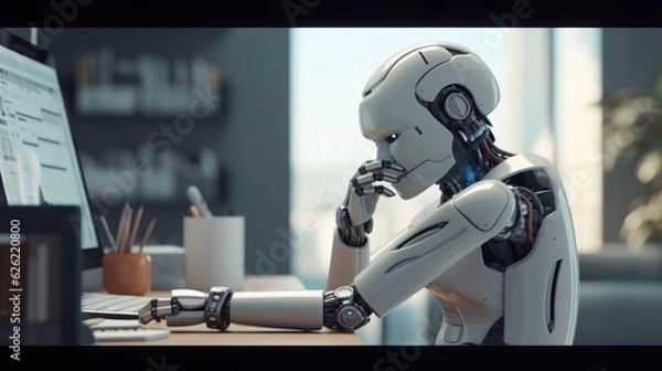 Fototapeta Android robot thinking in office 