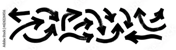 Obraz Różne odważne szczotki narysowane zakrzywione strzałki. Kolekcja Grube strzałki znacznika doodle w różnych kierunkach. Ręcznie narysowane wskazówki kierunku wektora. Zakrzywione i faliste pociągnięcia pędzla z zarysowaniami.