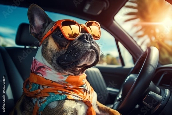 Fototapeta Dog Enjoying A Car Ride With Sunglasses. Summer vacation with dog, road trip. Dog Traveling. Generative AI Technology