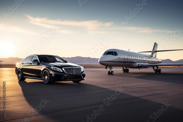 Fototapeta Business Class Experience: Luxury Car and Private Jet on the Runway. Business class shuttle service. Airport transfer. Generative AI.