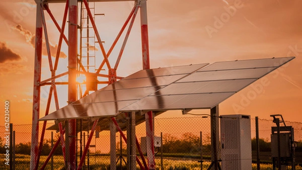 Fototapeta The use of solar panels and renewable energy sources located next to the telecommunications antenna.