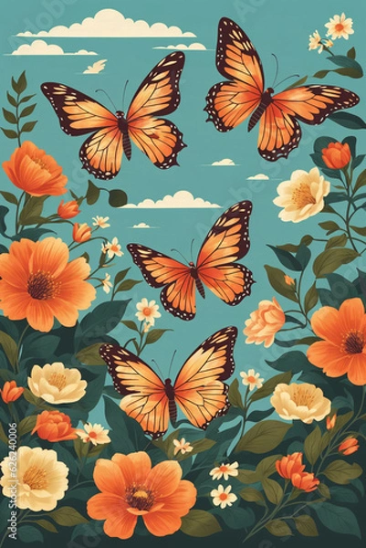Obraz seamless pattern with butterflies and flowers