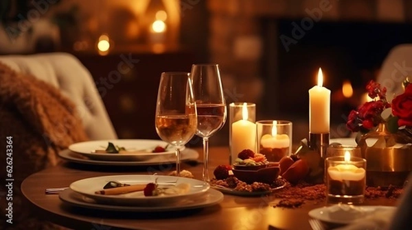 Fototapeta a table with plates and glasses of wine