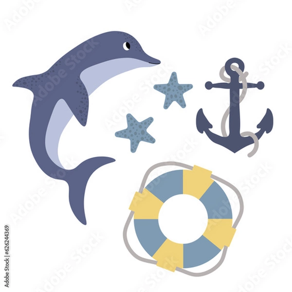 Fototapeta Cute vector ocean set with dolphin, anchor, lifebuoy, starfish.Underwater cartoon creatures.Marine animals.Cute illustration for fabric, childrens clothing,book, postcard,wrapping paper