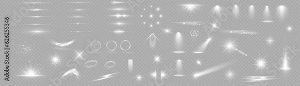 Fototapeta Light effect set. Glow isolated white transparent light effect set, lens flare, explosion, glitter, dust, line, sun flash, spark and stars, spotlight, curve twirl. Sunlight, abstract special effect.