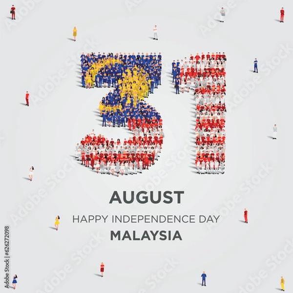 Fototapeta Happy Independence Day Malaysia. A large group of people form to create the number 31 as Malaysia celebrates its Independence Day on the 31st of August. Vector illustration.