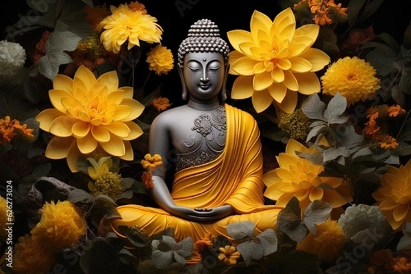 Fototapeta A Buddha statue surrounded by yellow flowers.Generative Ai