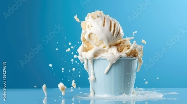 Fototapeta Melting ice cream isolated on soft blue background. Studio shoot closeup product photography design concept. Generative AI