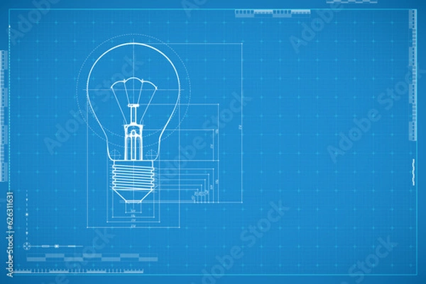 Fototapeta Blueprint of bulb lamp. Concept of design thinking, innovation, new creative idea, business solution, inspiration, new begining and brainstorming. Abstract technology background in blue color.