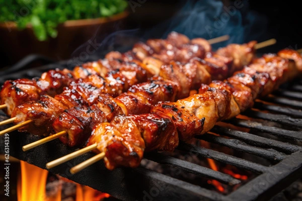 Fototapeta Delicious Japanese Yakitori on Skewers
