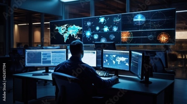 Obraz Network operations center ( NOC) with technicians monitoring network traffic, troubleshooting issues, and ensuring network performance