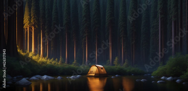 Fototapeta Tourist tent in the night forest, generative AI