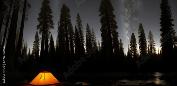 Fototapeta Tourist tent in the night forest, generative AI