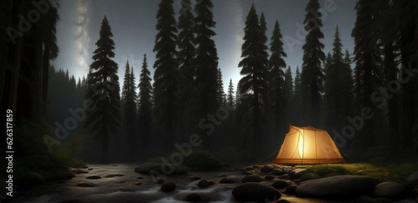 Fototapeta Tourist tent in the night forest, generative AI