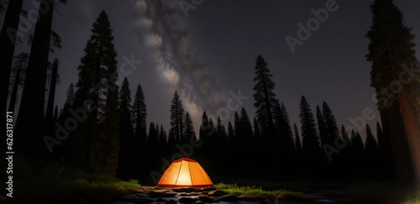 Fototapeta Tourist tent in the night forest, generative AI