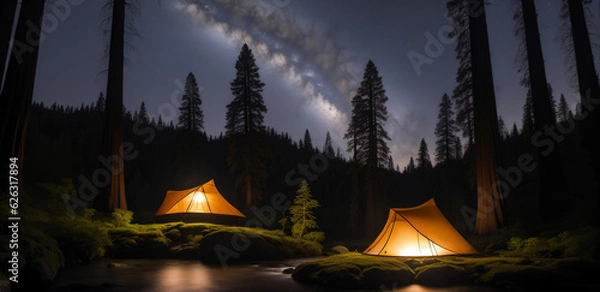 Fototapeta Tourist tent in the night forest, generative AI