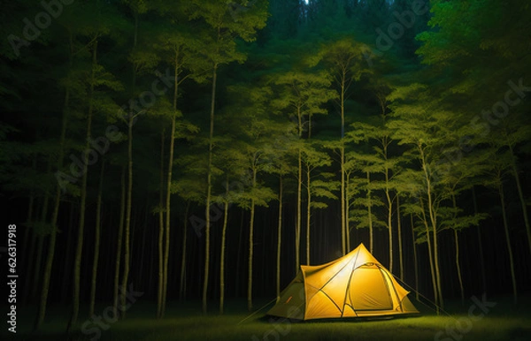 Fototapeta Tourist tent in the night forest, generative AI