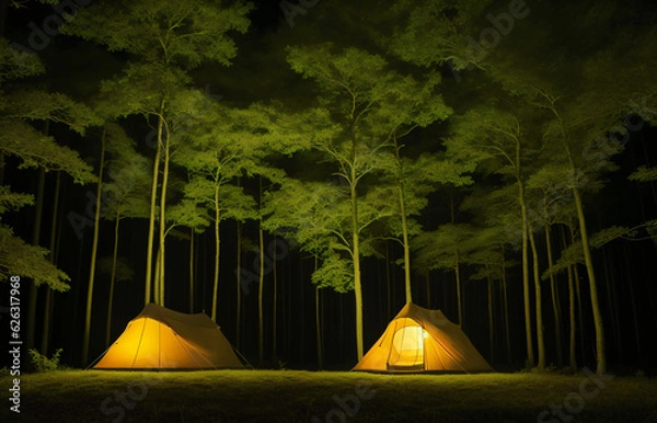 Fototapeta Tourist tent in the night forest, generative AI