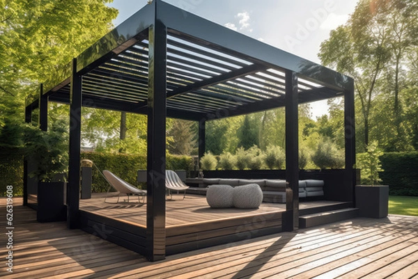 Obraz Modern black bio climatic pergola with top view on an outdoor patio. Teak wood flooring, a pool, and lounge chairs. green grass and trees in a garden, generative AI	
