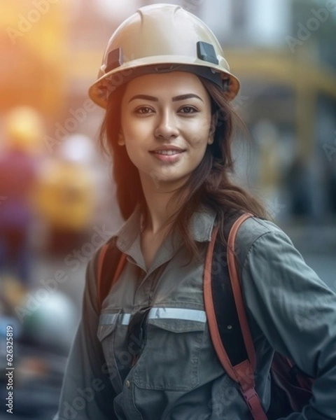 Fototapeta Beatiful confidence asian woman builder worker in uniform and safety helmet smilling. Labour day. 