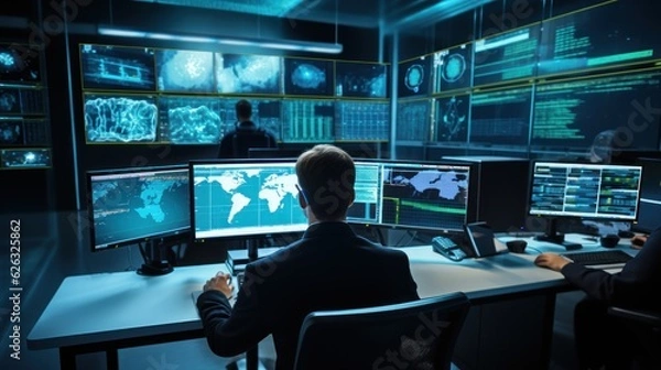 Obraz Network operations center ( NOC) with technicians monitoring network traffic, troubleshooting issues, and ensuring network performance
