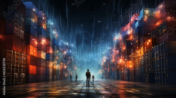 Obraz Visualizing Global Trade: Warehouse Wall Mural and Colorful Containers, Generative AI
