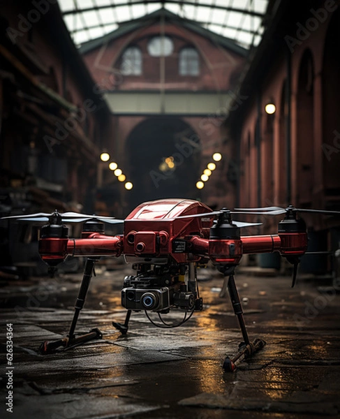 Fototapeta Past and Future Collide: Red Brick Warehouse and Delivery Drone, Generative AI