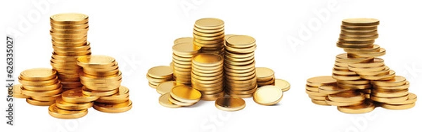 Fototapeta Stacks of shiny coins isolated on transparent background