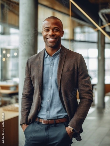 Obraz Smiling happy afro american man looking at camera. Generative AI