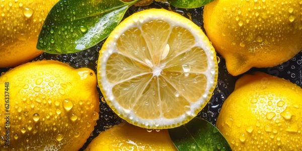 Fototapeta Overhead Shot of Lemons with visible Water Drops. Close up