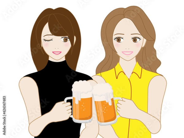 Fototapeta 生ビールで乾杯する二人の若くて美しい女性