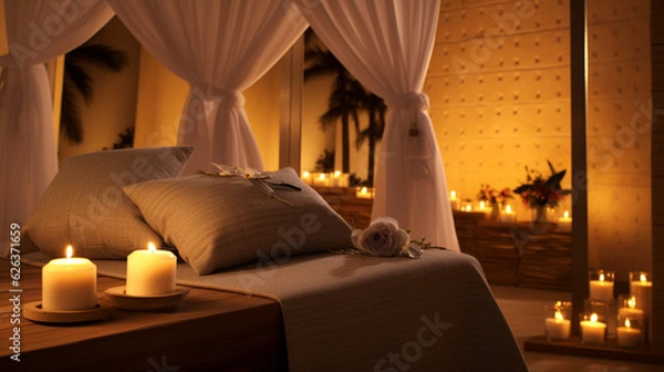 Fototapeta A cozy massage nook adorned with aromatic candles and soft cushions, offering a peaceful retreat Generative AI