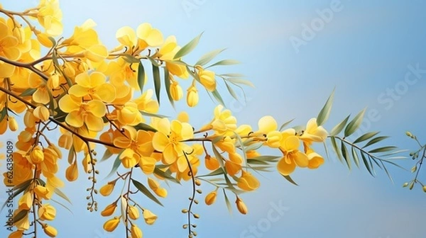 Fototapeta  a branch of a tree with yellow flowers and green leaves.  generative ai