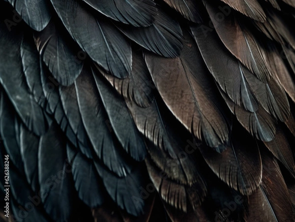 Obraz Black feathers close-up, pattern. Generative AI