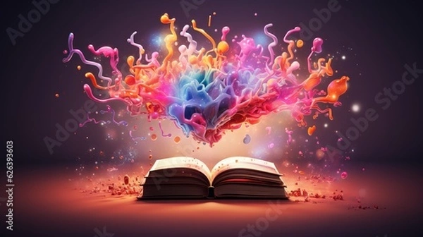 Obraz  an open book with colorful paint splashing out of it.  generative ai